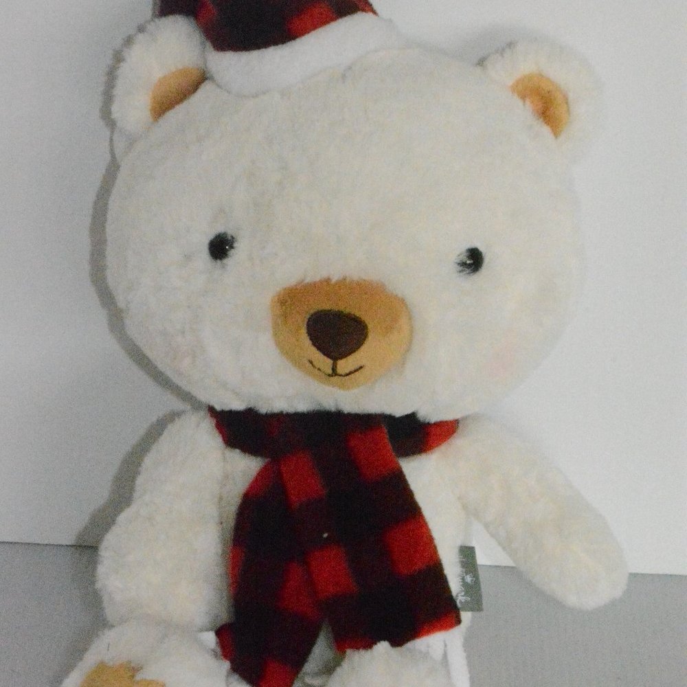 Hallmark Aspen Polar Teddy Bear Plush Stuffed Animal White Buffalo Plaid Scarf
